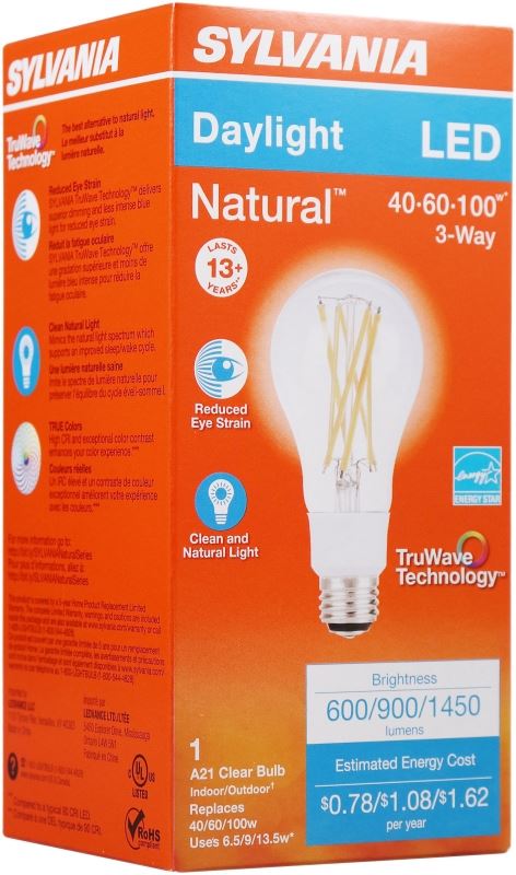 Sylvania 40770 Natural LED Bulb, 3-Way, A21 Lamp, 100 W Equivalent, E26 Lamp Base, Dimmable, Clear, Daylight Light - VORG1228022