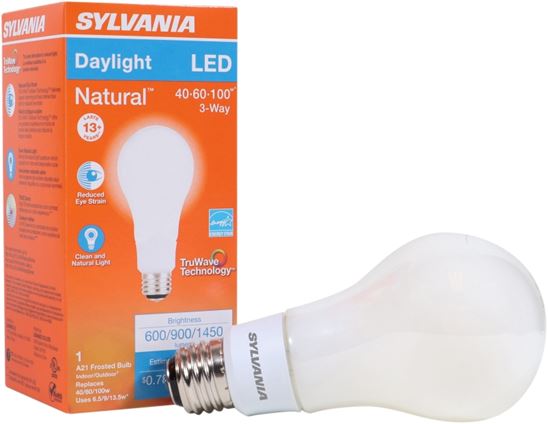 Sylvania 40778 Natural LED Bulb, 3-Way, A21 Lamp, 100 W Equivalent, E26 Lamp Base, Dimmable, Frosted, Daylight Light - VORG1228048