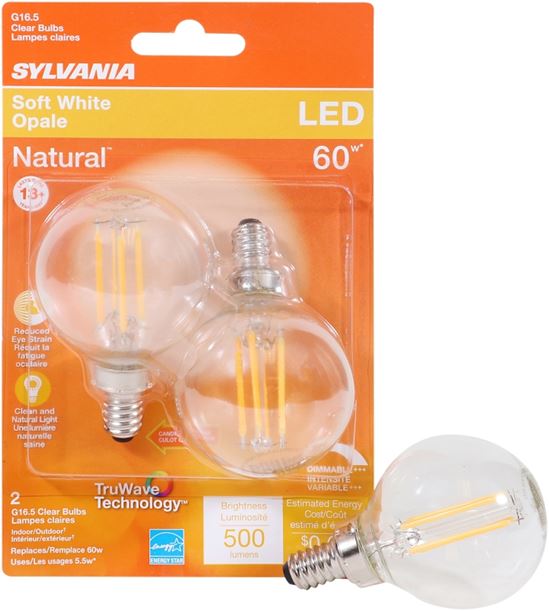 Sylvania 40852 LED Bulb, Decorative, G16.5 Lamp, 60 W Equivalent, E12 Lamp Base, Dimmable, Clear, Soft White Light - VORG1227883