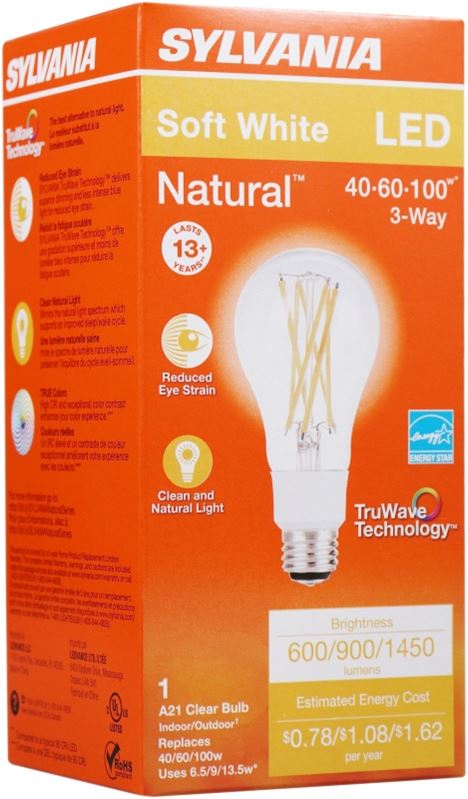 Sylvania 40769 Natural LED Bulb, 3-Way, A21 Lamp, 100 W Equivalent, E26 Lamp Base, Dimmable, Clear, Soft White Light - VORG1228014