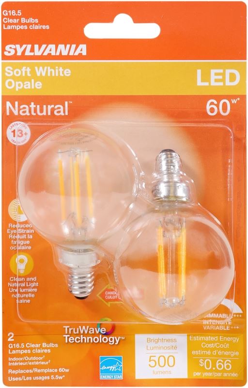 Sylvania 40852 LED Bulb, Decorative, G16.5 Lamp, 60 W Equivalent, E12 Lamp Base, Dimmable, Clear, Soft White Light - VORG1227883