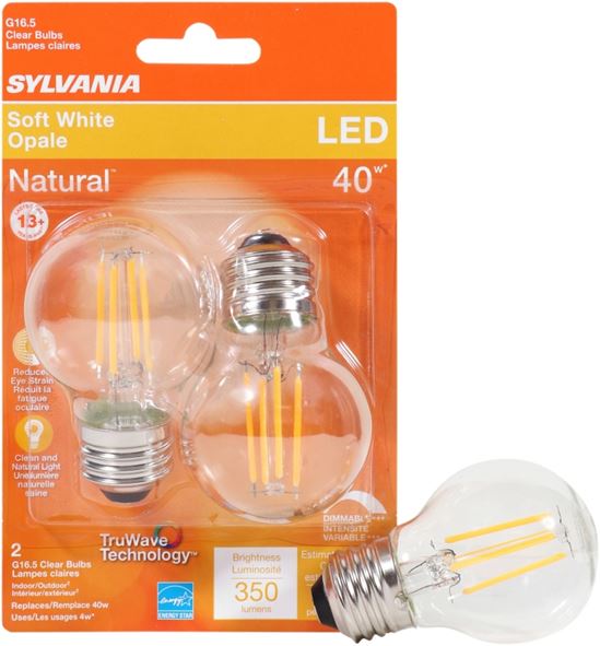 Sylvania 40847 Natural LED Bulb, Globe, G16.5 Lamp, 40 W Equivalent, E26 Lamp Base, Dimmable, Clear, Soft White Light - VORG1227859