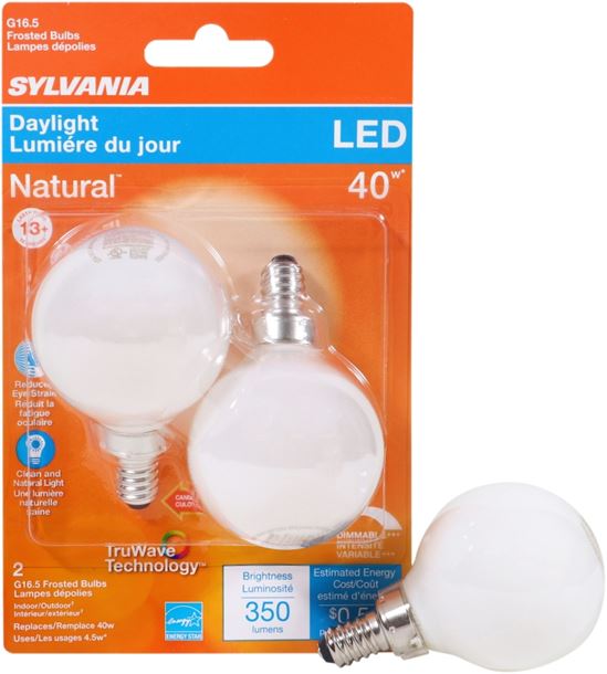 Sylvania 40798 Natural LED Bulb, Decorative, G16.5 Lamp, 40 W Equivalent, E12 Lamp Base, Dimmable, Frosted - VORG1227842