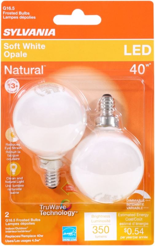 Sylvania 40797 Natural LED Bulb, Decorative, G16.5 Lamp, 40 W Equivalent, E12 Lamp Base, Dimmable, Frosted - VORG1227834