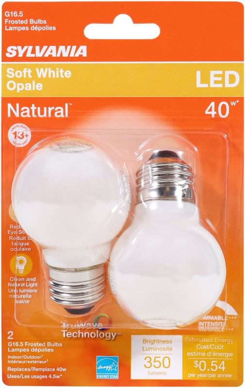 Sylvania 40799 Natural LED Bulb, Globe, G16.5 Lamp, 40 W Equivalent, E26 Lamp Base, Dimmable, Frosted, Soft White Light - VORG1227875