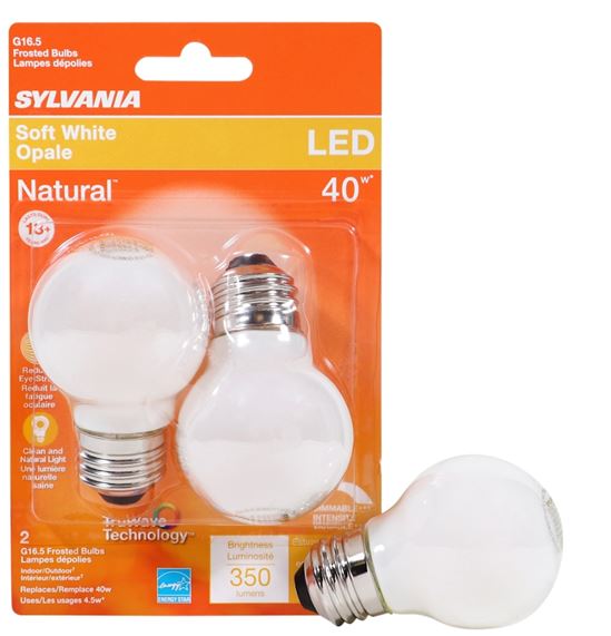 Sylvania 40799 Natural LED Bulb, Globe, G16.5 Lamp, 40 W Equivalent, E26 Lamp Base, Dimmable, Frosted, Soft White Light - VORG1227875