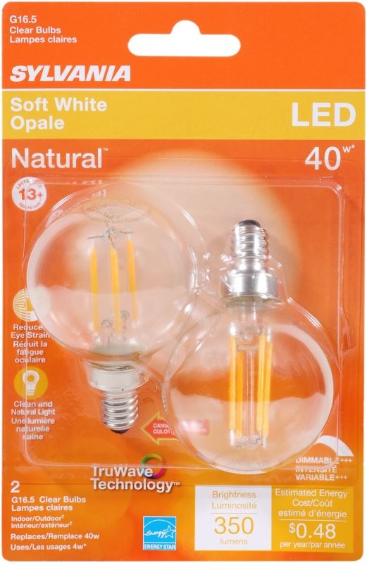 Sylvania 40784 Natural LED Bulb, Decorative, G16.5 Lamp, 40 W Equivalent, E12 Lamp Base, Dimmable, Clear - VORG1227818