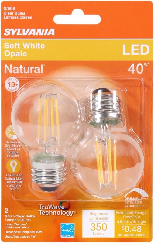 Sylvania 40847 Natural LED Bulb, Globe, G16.5 Lamp, 40 W Equivalent, E26 Lamp Base, Dimmable, Clear, Soft White Light - VORG1227859