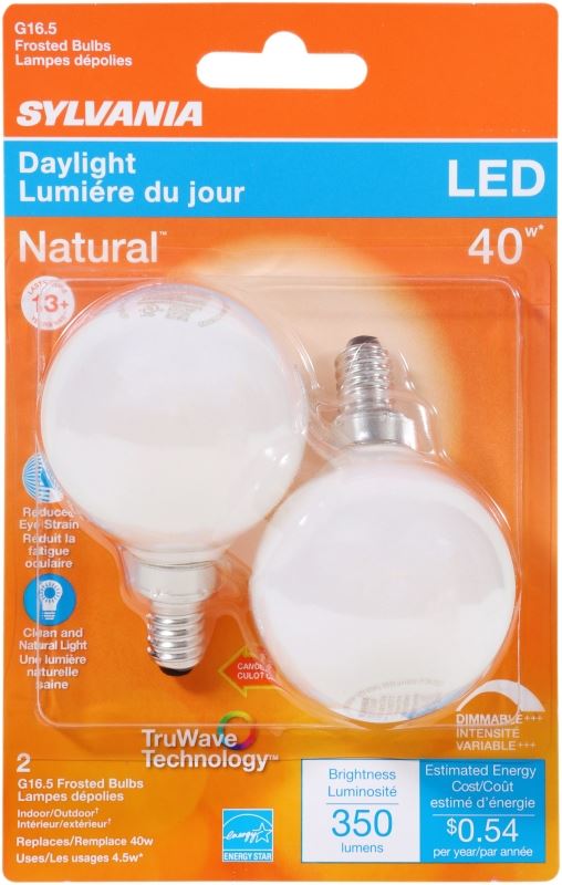 Sylvania 40798 Natural LED Bulb, Decorative, G16.5 Lamp, 40 W Equivalent, E12 Lamp Base, Dimmable, Frosted - VORG1227842