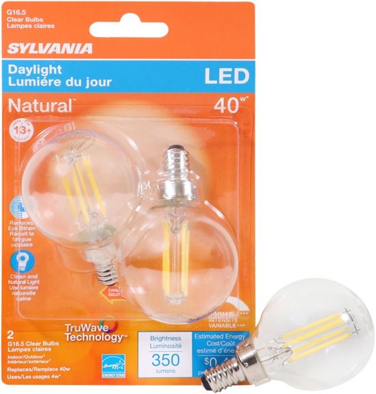 Sylvania 40849 Natural LED Bulb, Decorative, G16.5 Lamp, 40 W Equivalent, E12 Lamp Base, Dimmable, Clear, Daylight Light - VORG1227826