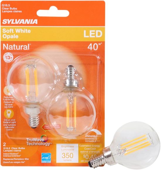 Sylvania 40784 Natural LED Bulb, Decorative, G16.5 Lamp, 40 W Equivalent, E12 Lamp Base, Dimmable, Clear - VORG1227818