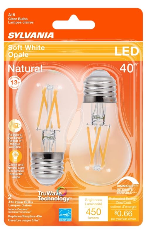 Sylvania 40761 Natural LED Bulb, General Purpose, A15 Lamp, 40 W Equivalent, E26 Lamp Base, Dimmable, Clear - VORG1227768