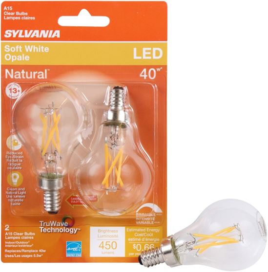 Sylvania 40774 Natural LED Bulb, Decorative, A15 Lamp, 40 W Equivalent, E12 Candelabra Lamp Base, Dimmable, Clear - VORG1227750