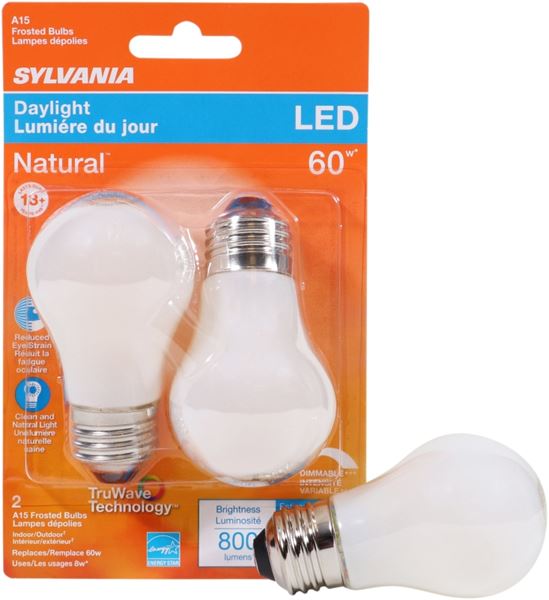 Sylvania 40776 Natural LED Bulb, General Purpose, A15 Lamp, 60 W Equivalent, E26 Lamp Base, Dimmable, Frosted - VORG1227800