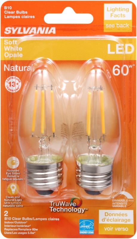 Sylvania 40795 Natural LED Bulb, Decorative, B10 Blunt Tip Lamp, 60 W Equivalent, E26 Lamp Base, Dimmable, Clear - VORG1227735