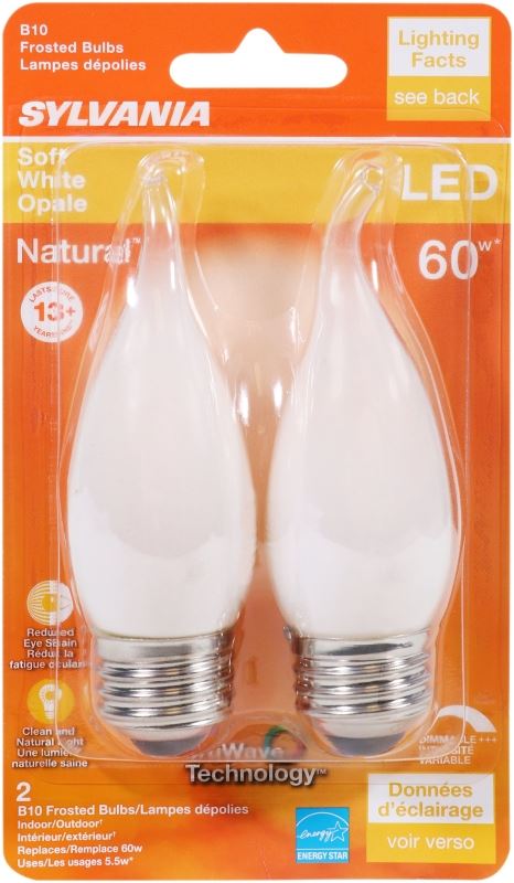 Sylvania 40783 Natural LED Bulb, Decorative, B10 Bent Tip Lamp, 60 W Equivalent, E26 Lamp Base, Dimmable, Frosted - VORG1227727