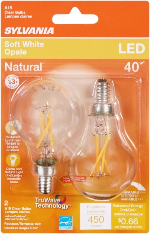 Sylvania 40774 Natural LED Bulb, Decorative, A15 Lamp, 40 W Equivalent, E12 Candelabra Lamp Base, Dimmable, Clear - VORG1227750