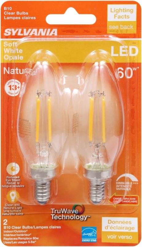 Sylvania 40796 Natural LED Bulb, Decorative, B10 Blunt Tip Lamp, 60 W Equivalent, E12 Lamp Base, Dimmable, Clear - VORG1227693