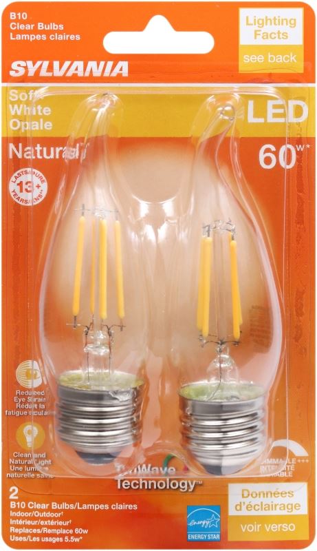 Sylvania 40758 Natural LED Bulb, Decorative, B10 Bent Tip Lamp, 60 W Equivalent, E26 Lamp Base, Dimmable, Clear - VORG1227701