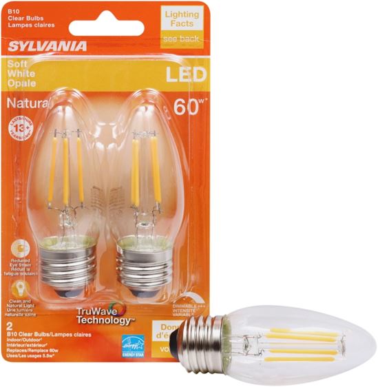 Sylvania 40795 Natural LED Bulb, Decorative, B10 Blunt Tip Lamp, 60 W Equivalent, E26 Lamp Base, Dimmable, Clear - VORG1227735