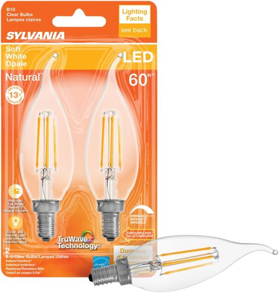 Sylvania 40757 Natural LED Bulb, Decorative, B10 Bent Tip Lamp, 60 W Equivalent, E12 Lamp Base, Dimmable, Clear - VORG1227651