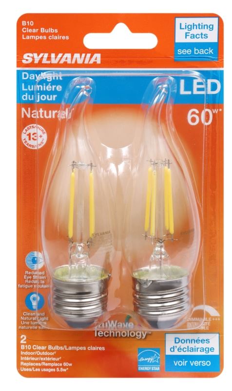 Sylvania 40760 Natural LED Bulb, Decorative, B10 Bent Tip Lamp, 60 W Equivalent, E26 Lamp Base, Dimmable, Clear - VORG1227719