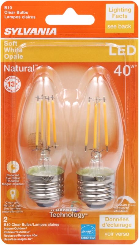 Sylvania 40793 Natural LED Bulb, Decorative, B10 Blunt Tip Lamp, 40 W Equivalent, E26 Lamp Base, Dimmable, Clear - VORG1227644