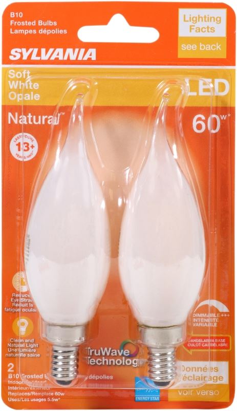 Sylvania 40781 Natural LED Bulb, Decorative, B10 Bent Tip Lamp, 60 W Equivalent, E12 Lamp Base, Dimmable, Frosted - VORG1227677