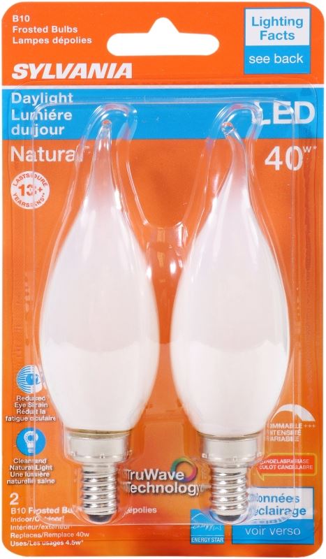 Sylvania 40780 Natural LED Bulb, Decorative, B10 Bent Tip Lamp, 40 W Equivalent, E12 Lamp Base, Dimmable, Frosted - VORG1227602