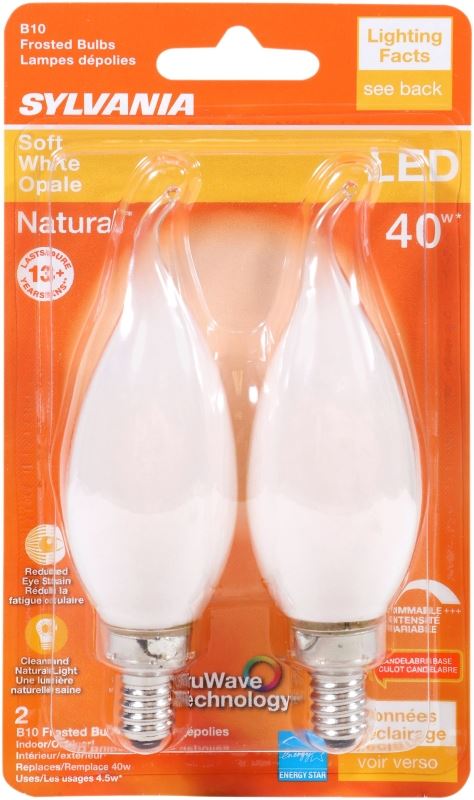 Sylvania 40779 Natural LED Bulb, Decorative, B10 Bent Tip Lamp, 40 W Equivalent, E12 Lamp Base, Dimmable, Frosted - VORG1227594