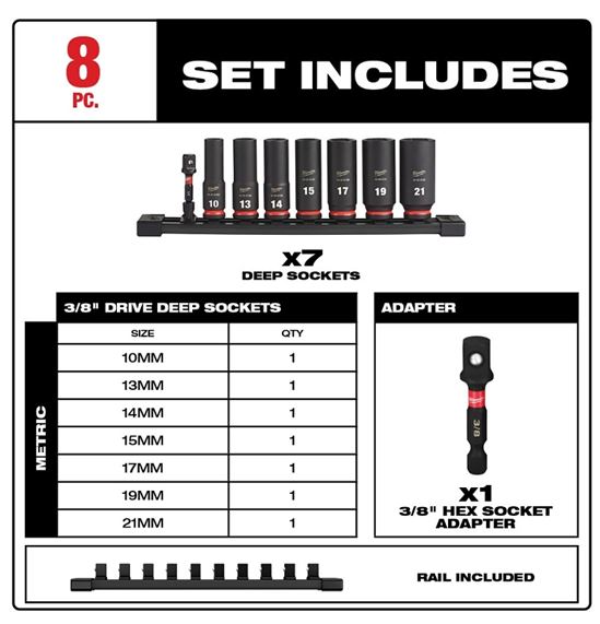 Milwaukee 49-66-7021 SHOCKWAVE Impact Duty Series Socket Set, Steel, Specifications: 3/8 in Drive - VORG1390418