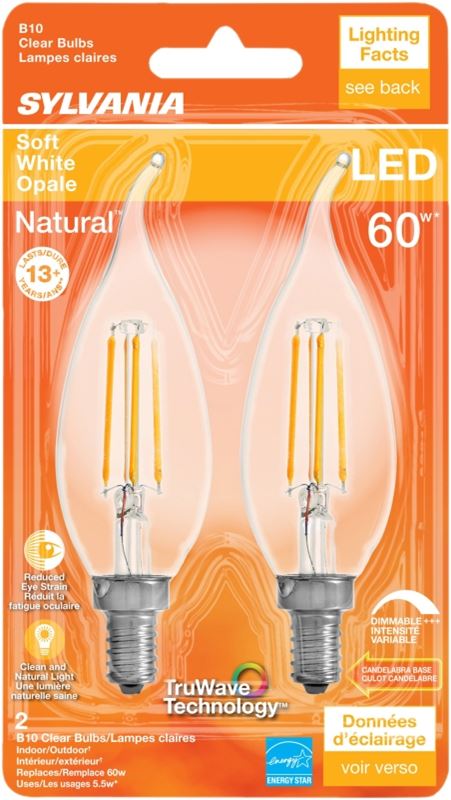 Sylvania 40757 Natural LED Bulb, Decorative, B10 Bent Tip Lamp, 60 W Equivalent, E12 Lamp Base, Dimmable, Clear - VORG1227651