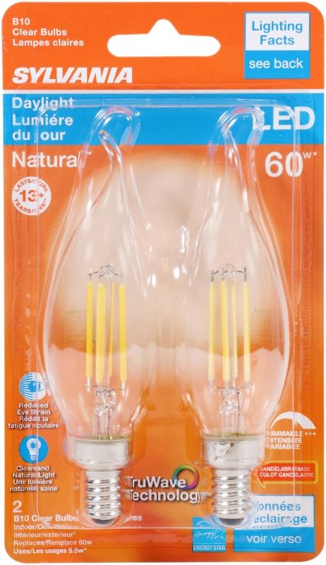 Sylvania 40759 Natural LED Bulb, Decorative, B10 Bent Tip Lamp, 60 W Equivalent, E12 Lamp Base, Dimmable, Clear - VORG1227669