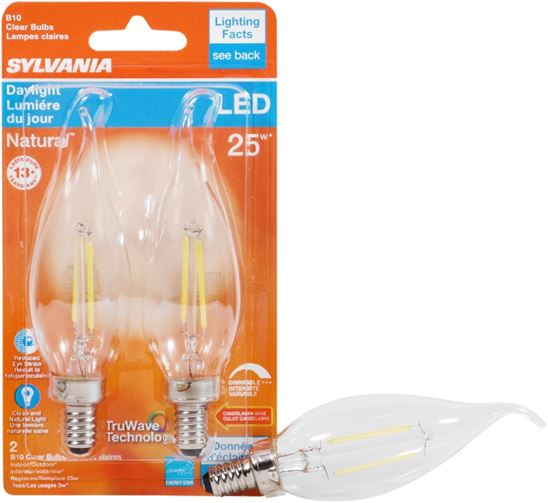 Sylvania 40855 Natural LED Bulb, Decorative, B10 Bent Tip Lamp, 25 W Equivalent, E12 Lamp Base, Dimmable, Clear - VORG1227560