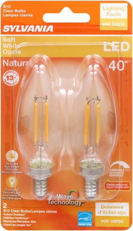 Sylvania 40794 Natural LED Bulb, Decorative, B10 Blunt Tip Lamp, 40 W Equivalent, E12 Lamp Base, Dimmable, Clear - VORG1227610