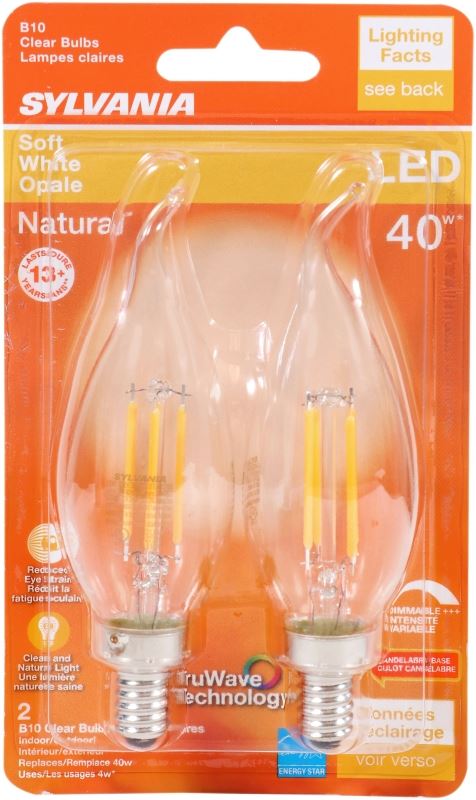 Sylvania 40755 Natural LED Bulb, Decorative, B10 Bent Tip Lamp, 40 W Equivalent, E12 Lamp Base, Dimmable, Clear - VORG1227578