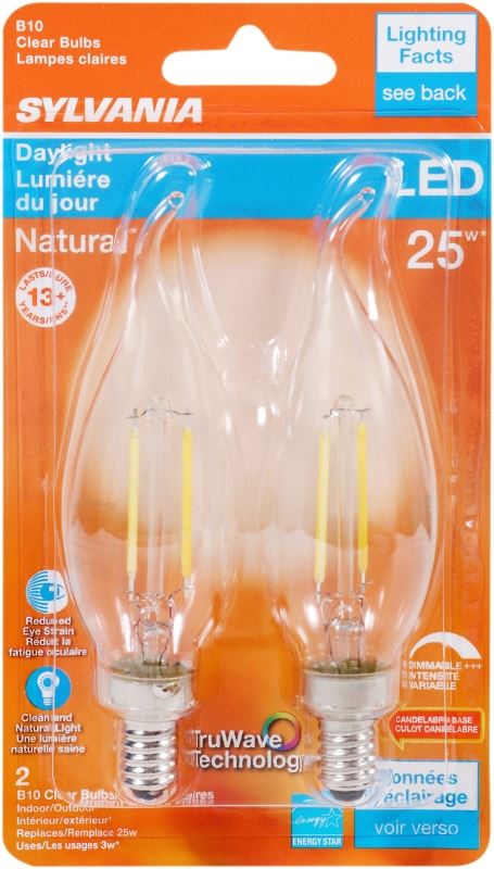 Sylvania 40855 Natural LED Bulb, Decorative, B10 Bent Tip Lamp, 25 W Equivalent, E12 Lamp Base, Dimmable, Clear - VORG1227560