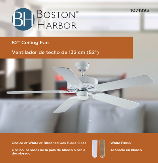 Boston Harbor 52-CASA-ES-EN-WH Ceiling Fan, 5-Blade, Bleached Oak/White Blade, 52 in Sweep, MDF Blade, 3-Speed - VORG1071893