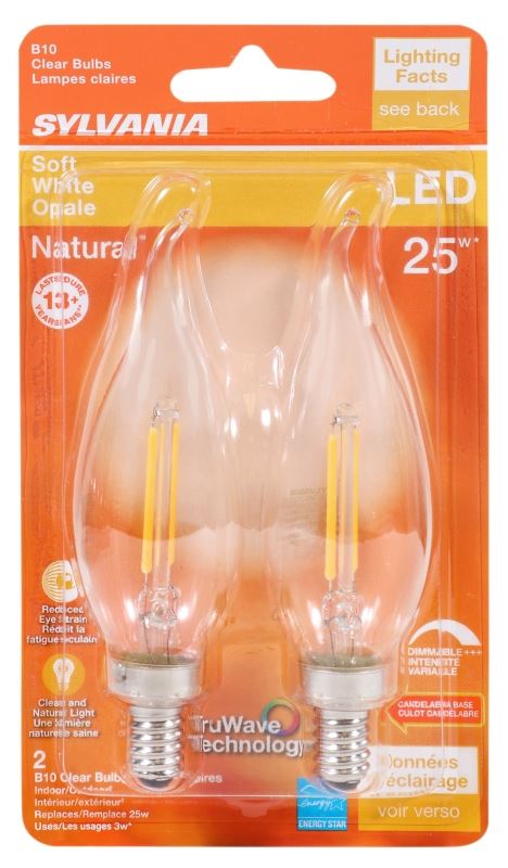 Sylvania 40854 Natural LED Bulb, Decorative, B10 Bent Tip Lamp, 25 W Equivalent, E12 Lamp Base, Dimmable, Clear - VORG1227552