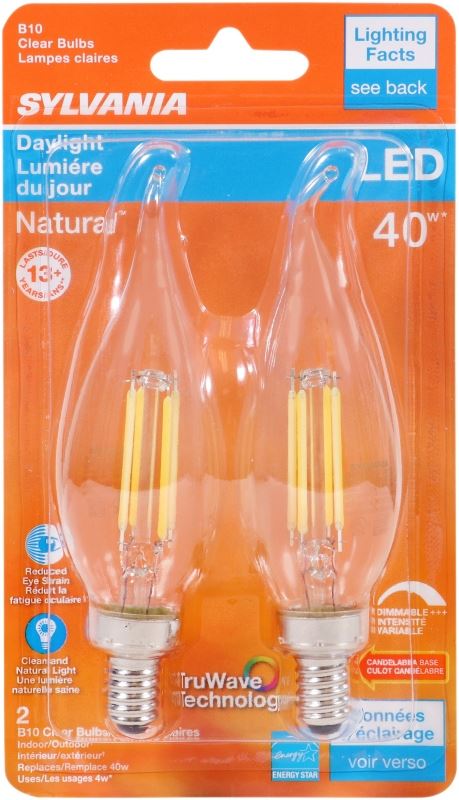 Sylvania 40791 Natural LED Bulb, Decorative, B10 Bent Tip Lamp, 40 W Equivalent, E12 Lamp Base, Dimmable, Clear - VORG1227586