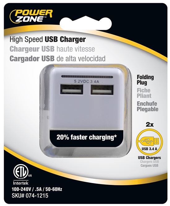 PowerZone ORUSB340 AC Compact USB Charger with Light, 3.4 A, 2-USB Port, White - VORG0741215