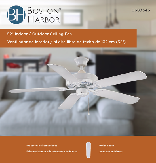 Boston Harbor Ceiling Fan, 5-Blade, White Housing, White Blade, 52 in Sweep, ABS Blade, 3-Speed - VORG0687343