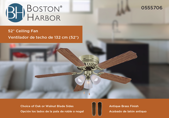 Boston Harbor CF-78049L Ceiling Fan Light Kit, 5-Blade, Antique Brass Housing, 52 in Sweep, MDF Blade, 3-Speed - VORG0555706