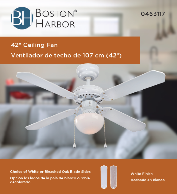 Boston Harbor CF-78133 Ceiling Fan, 4-Blade, White Housing, 42 in Sweep, MDF Blade, 3-Speed - VORG0463117