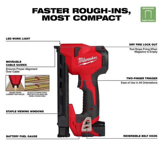 Milwaukee M12 2448-21 Cable Stapler Kit, Battery Included, 12 V, 2 Ah, 2.65 in W Crown, 6-1/2 in L Leg, Medium Crown Staple - VORG0752808