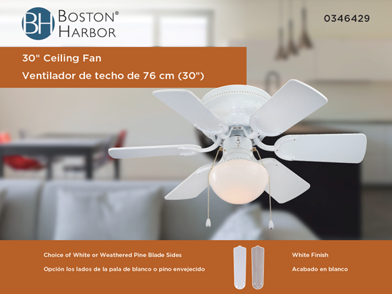 Boston Harbor CF-78108 Ceiling Fan, 6-Blade, White Housing, 30 in Sweep, MDF Blade, 3-Speed - VORG0346429