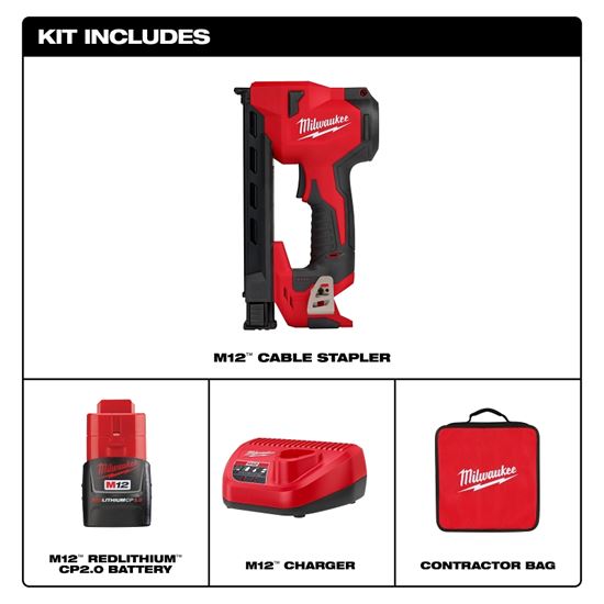 Milwaukee M12 2448-21 Cable Stapler Kit, Battery Included, 12 V, 2 Ah, 2.65 in W Crown, 6-1/2 in L Leg, Medium Crown Staple - VORG0752808