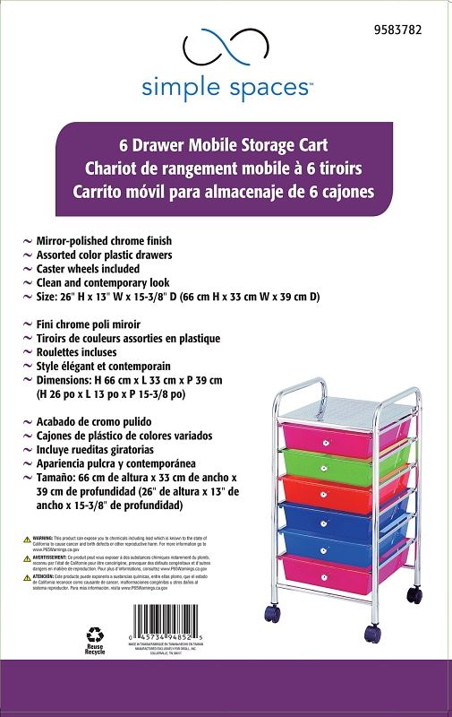 Simple Spaces G006-CH Storage Cart, 13 in OAW, 26 in OAH, 15-3/8 in OAL, 6-Shelf, Blue/Green/Orange/Pink Shelf - VORG9583782