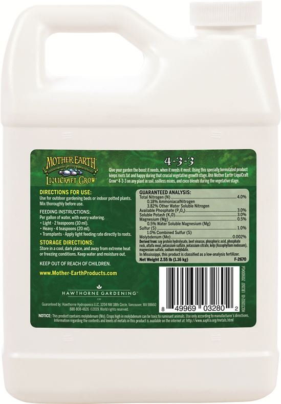 Mother Earth HGC733932 LiquiCraft Grow Plant Fertilizer, 1 qt, Liquid, 4-3-3 N-P-K Ratio - VORG9518150