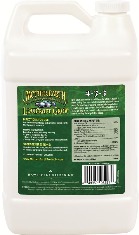 Mother Earth HGC733933 LiquiCraft Grow Plant Fertilizer, 1 gal, Liquid, 4-3-3 N-P-K Ratio - VORG7542285